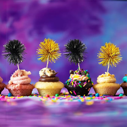 Gyufise 30Pcs Foil Firework Cupcake Toppers Sparkle Tinsel Cake Toppers Tinsel Drink Cake Decoration Cocktail Picks for Birthday Wedding Graduation Party Supplies Gold Black