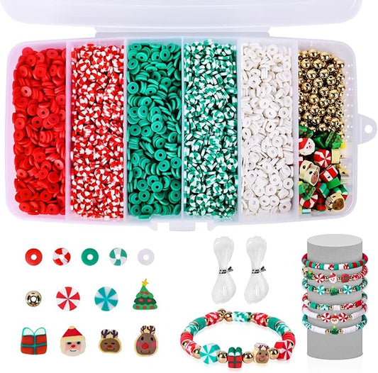 Clay Beads Christmas Bracelet Making Kit – 5000PCS Premium Red Green White Heishi Beads Set with 30 Xmas Charms, Gold Spacers and Elastic Cord for DIY Holiday Jewelry Crafts & Festive Gifts
