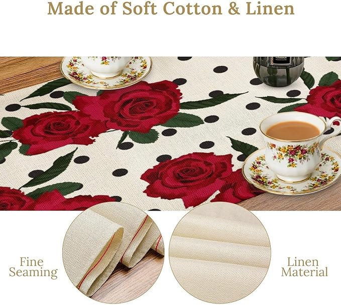 Red Rose Print Table Runner, Romantic Valentines Vintage Rose Spring Summer Dinner Runner Table Decoration for Home Kitchen Dining Holiday Wedding Party 13x90in
