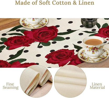 Red Rose Print Table Runner, Romantic Valentines Vintage Rose Spring Summer Dinner Runner Table Decoration for Home Kitchen Dining Holiday Wedding Party 13x90in