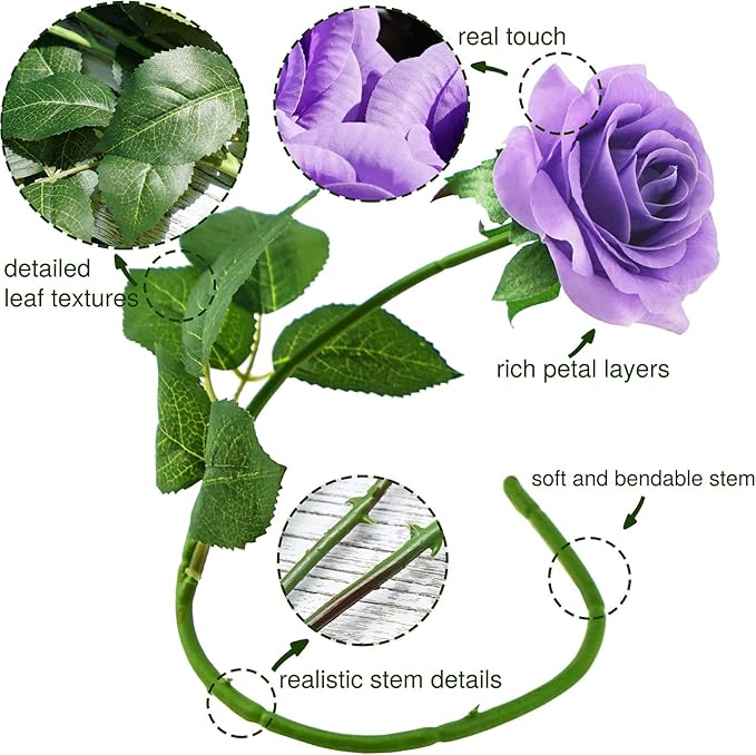 FiveSeasonStuff 12 Stems Artificial Flowers Real Touch Silk Roses for Wedding Decoration Bridal Bouquets Table Centerpieces Party Shower, Packed in Box (Purple & White Vows)