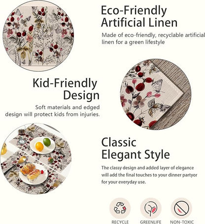 Vintage Floral Plant Placemats Set of 6,Butterfly Flower Linen Washable Kitchen Dining Table Mats Heat Resistant Place Mats for Home Party Indoor Holiday 12x18 Inch