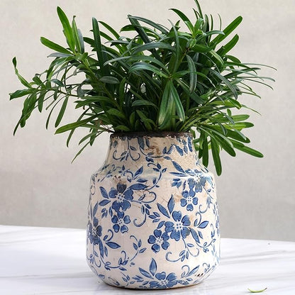 Blue and White Ceramic Vase, Vintage Floral Pottery Vase with Crackle Glaze, Rustic Terracotta Decorative Vase for Fresh Flowers, Greenery & Modern Farmhouse Home Décor