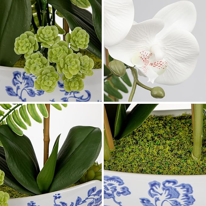 Briful Orchid Artificial Flowers 18in White Fake Orchid Silk Flowers with Blue and White Ceramic Vase Faux Orchid Arrangement for Home Office Room Coffee Table Centerpiece Modern Decor