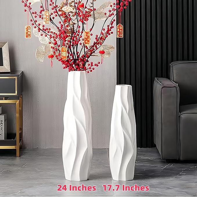 Large Floor Ceramic Vase 24 Inches Tall,White Modern Flower Tall Vases for Office, Home,Farmhouse,Living Room Décor,Simple Origami Design Fall Decorative Porcelain Flower Arrangement Vase Ideal Gift