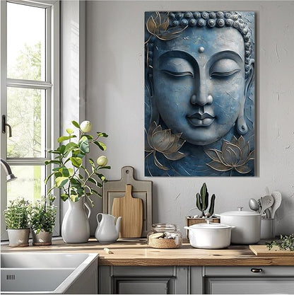 Canvas wall art Golden lotus crown Serene Buddha poster Ethereal blue toned art with delicate floral decor Zen wall art for a tranquil meditation space 12x18in Frameless