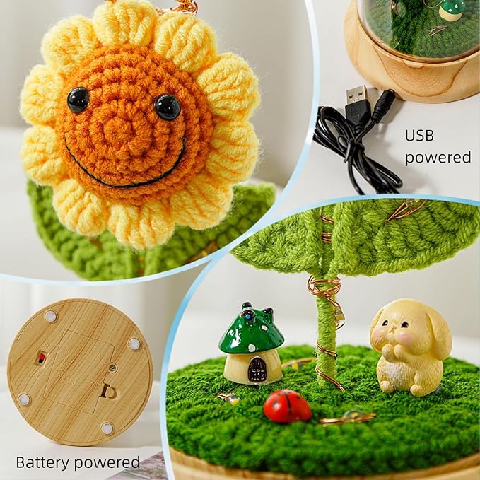 Levvohd Crochet Sunflower Gifts for Women, Artificial Sun Flower Birthday Gifts for Grandma, in Plastic Dome Sunflower, for Her Mom Mothers Day Christmas Day Gifts (B - 4.3 in X 7.5 in)