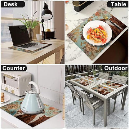 Farmhouse Cow Placemats Set of 4 Washable Table Mats Spring Cow Floral Heat-Resistant Cotton Linen Place Mats for Dining Table Kitchen Indoor Outdoor Party Holiday Decor