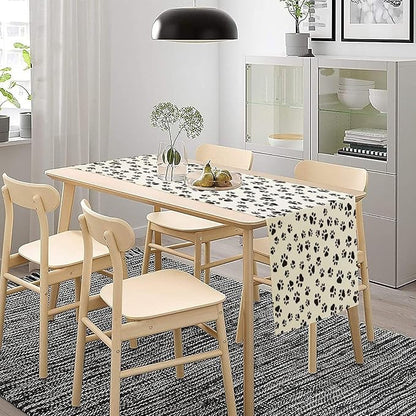 Dog Paws Table Runner,Cartoon Cute Black White Animal Footprints Abstract Tablecloth Burlap for Hotel Indoors Outdoor Dining Room Kitchen Home Decor,W13X L70 in