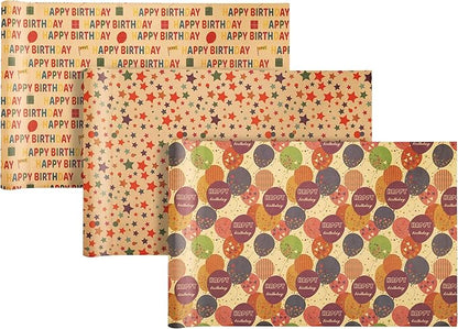 SHUCHING Birthday Gift Kraft Wrapping Paper Roll, Balloons Stars Pattern for Kids Girl Boy, Perfect for Birthday Party, Baby Shower, 3 Rolls, 17 Inch X 9.8 Feet per Roll