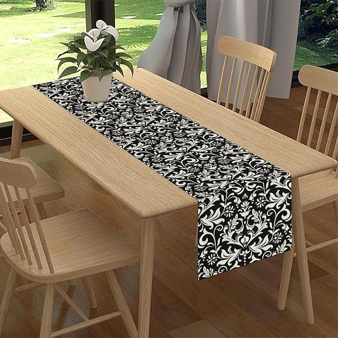 Black Damask Table Runner, Rustic Vintage Floral Antique Victorian Style Print Table Decor for Home Kitchen Dining Patio Holiday Party Indoor Outdoor Table Decorations 13x72 inch