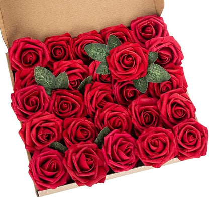 25pcs Artificial Flower Foam Rose Real Touch Roses Flower Heads with Stem for DIY Wedding Bouquets Centerpieces Arrangements Party Baby Shower Home Decor (Dark Red)