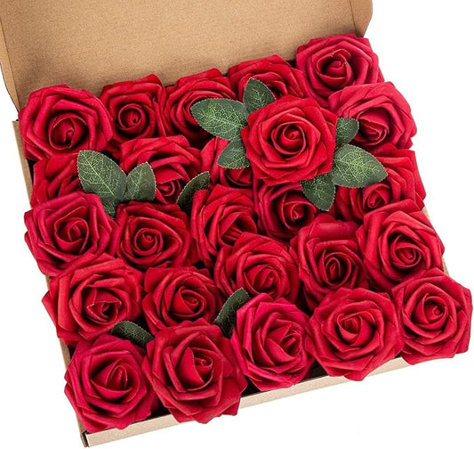 25pcs Artificial Flower Foam Rose Real Touch Roses Flower Heads with Stem for DIY Wedding Bouquets Centerpieces Arrangements Party Baby Shower Home Decor (Dark Red)