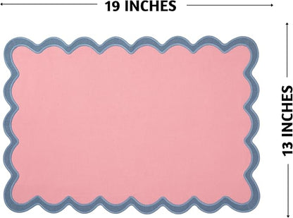 Folkulture Placemats Set of 4 | (13 x 19) 100% Cotton Rustic Place Mats | Heat Resistant Woven Table Mats for Dining Table Decor | Boho Placemats or Scalloped Placemats (Blush)