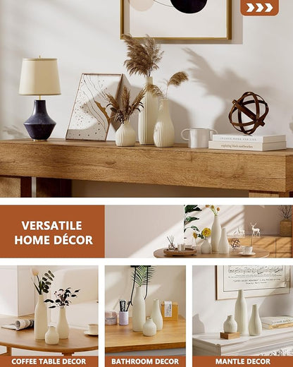 Decorative Flower Vase Set of 3 - Modern Boho Style Beige Vases,Ribbed Textures Ceramic Vase for Home Decor Shelf Bookshelf Mantle TV Stand Entryway Console,Dining Table Centerpiece Decor