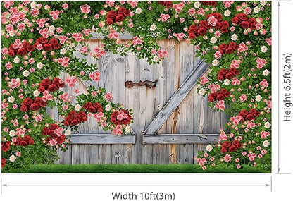 AOFOTO Barn Door Rose Backdrop Rustic Red Pink Beige Flowers Background Romantic Phtography Banner for Anniversary Wedding Decor Photo Studio Photobooth Props 10x6.5ft