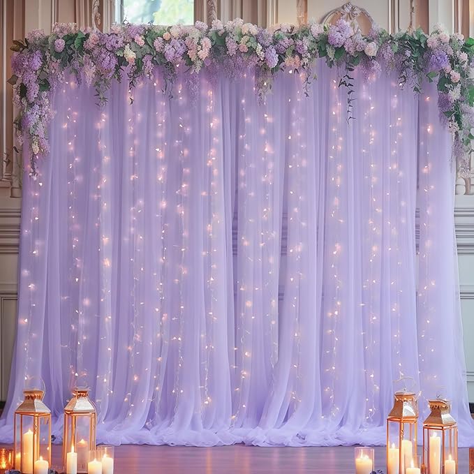 10ft x 8ft Purple Backdrop Curtain with Lights String for Parties, Sheer Tulle Wedding Photo Backdrops Drapes for Baby Shower Birthday Party Decorations Background for Photography
