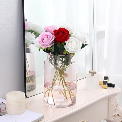 Large Glass Vase, 9 Inch Flower Vase, Glass Flower Vase for Bouquet, Wide Mouth Vase for Flowers, Pink Tall Vases, Large Vases for Home, Wedding, Living Room, Office Decor
