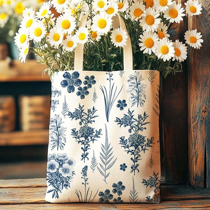 ANATTASOUL Canvas Tote Bag Blue Flower and Leaf Reusable Cotton Bag for Women, Durable Cloth Shoulder Bags with Zipper Pockets for Shopping, Vacation, Work, Gym