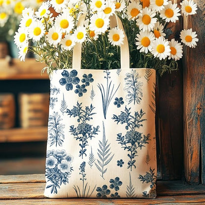 ANATTASOUL Canvas Tote Bag Blue Flower and Leaf Reusable Cotton Bag for Women, Durable Cloth Shoulder Bags with Zipper Pockets for Shopping, Vacation, Work, Gym