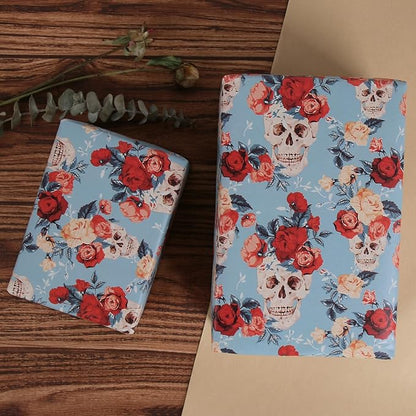 Aimyoo Blue Red Floral Kraft Wrapping Paper Roll, All Occasion Skull Flower Gift Wrap Paper for Birthday Bridal Shower 17 in x 10 ft