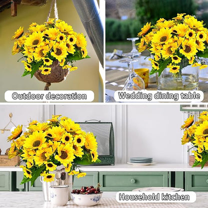 ZEYGLXC 12 Pack Artificial Sunflowers Bouquets with Stems for Wedding Home Kitchen Table Birthday Decor Indoor Outdoor, Faux Sunflowers with 4 Big Sunflowers Heads 9 Small Sunflowers Heads