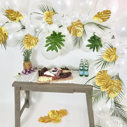 CCINEE 24PCS Golden Artificial Palm Leaves, 3 Sizes Faux Monstera Leaves Simulation Safari Leaves with Stems for Home Hawaiian Luau Party Jungle Beach Theme Party Decoration