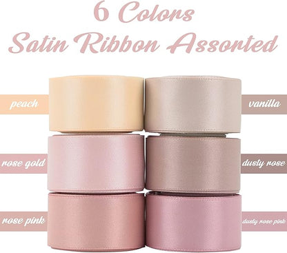 HUIHUANG Dusty Rose Wedding Ribbon Double-Faced Satin Ribbon Assortment 1" Wide Rose Pink Silk Ribbons for Gift Wrap Wedding Bridal Baby Shower Decor Flower Bouquet Crafts- 6 Colors X 5 Yards Each