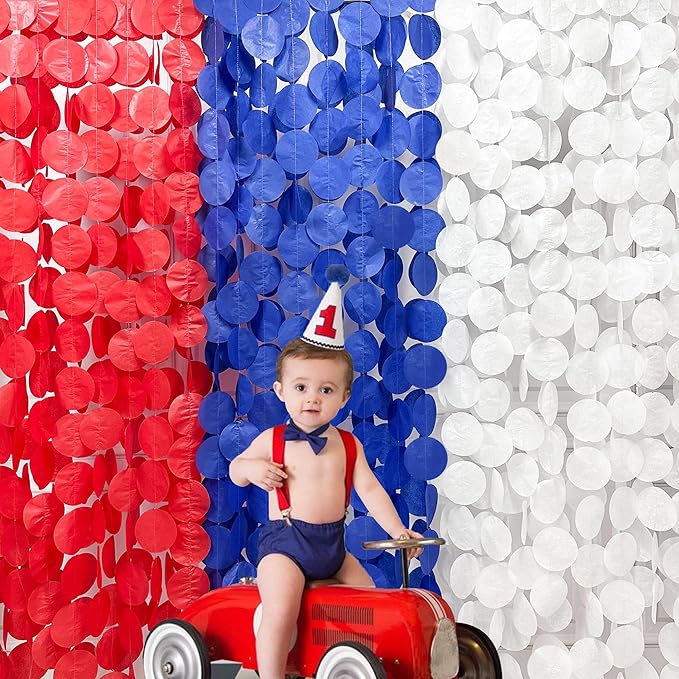 192Ft Royal Blue Red White Party Decorations Big Circle Dots Tissue Paper Backdrop Streamer Garland for 4th of July American USA National Day Patriotic Veterans Graduation Wedding Birthday Party