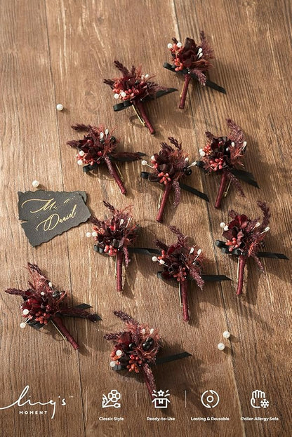 Ling's Moment Boutonniere for Men, 10pcs Groomsmen Guest Boutonniere, Artificial Flowers for Wedding Décor/Prom/Homecoming,etc.Black Gothic Burgundy