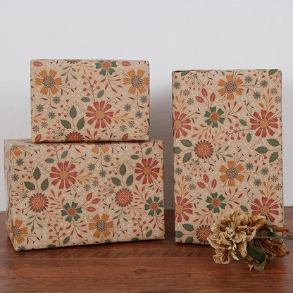 Aimyoo Floral Kraft Wrapping Paper Jumbo Roll, All Occasion Vintage Flower Gift Wrap for Wedding Birthday Bridal Shower, 17 inch x 60 ft