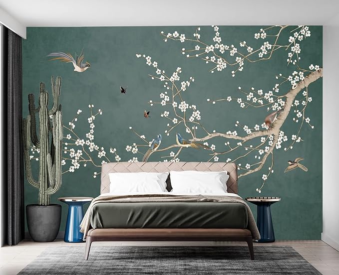 Plum Blossom Flower Bird Chinoiserie Wall Mural Wallpaper for Bedroom 137" x 100"