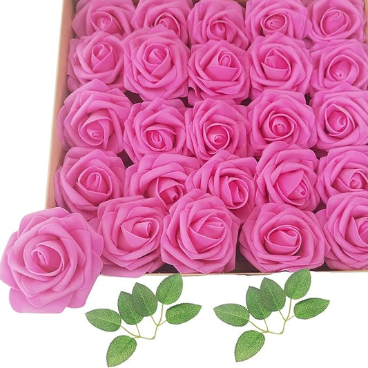 Artificial Flowers 25pcs Fake Roses, Hot Pink Foam Rose Faux Flower for DIY Wedding Bouquets Bridal Shower Centerpieces Floral Arrangements Home Decorations Party Backdrops Table