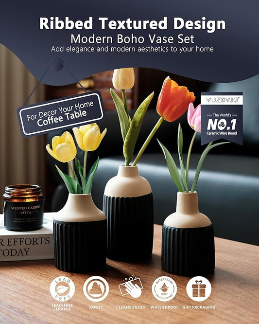 Black Decorative Vase Set of 3 - Modern Boho Style Ribbed Ceramic Bud Vases for Flowers, Mini Small Vases for Shelf, Shelves, Bookshelf, Entryway Table & Home Decor Aesthetic（Black）
