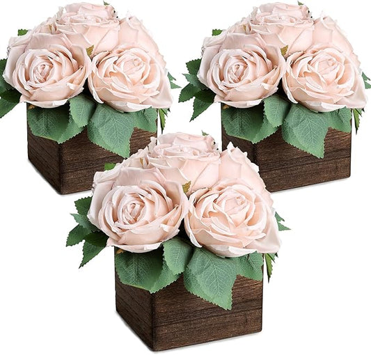 Dining Table Centerpiece Set of 3 - Pre-Made Aritifial Rose with Wooden Vase Fake Floral Arrangment Faux Flower for Wedding Bridal Tea Party Event Decorations - Boho