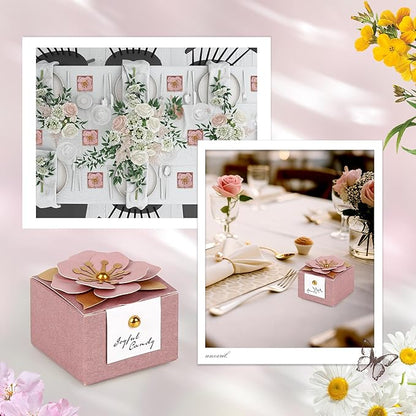 Linkidea 20 Pcs Pink Floral Folding Candy Gift Boxes 2.55" x 2.55" x 1.77" for Wedding Favors, Elegant Party Thank You Boxes with Tags