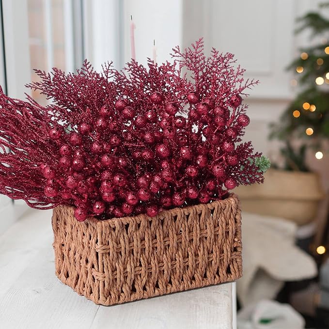 75 Pcs Christmas Glitter Branches 3 Styles Artificial Christmas Picks Berries Stems Pine Needles Floral Twig Spray for Xmas Tree Ornaments DIY Wreath Garland(Burgundy)