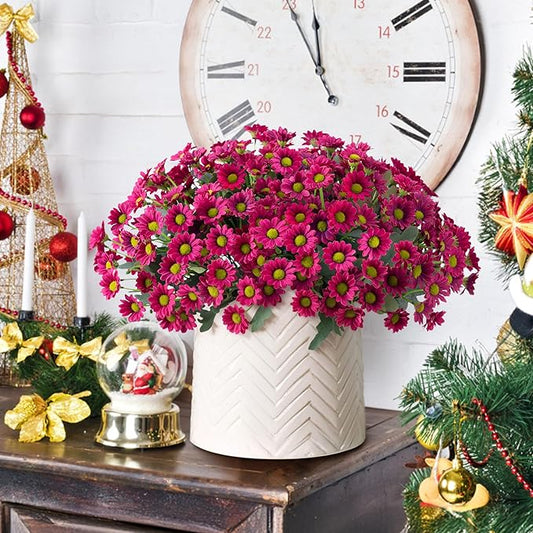 Daisy Artificial Flowers for Outdoors Winter Decoration, 6 Bundles Fake Mums Dark Red Silk Flowers for Outside Look Real UV Resistant Faux Flowers Plants for Planter Front Door Home Indoor Porch