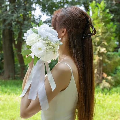 ponatia White Wedding Bouquets for Bride Bridesmaid, Wedding Artificial Roses Flowers for Wedding Bouquets Ceremony, Anniversary (White & Ivory)