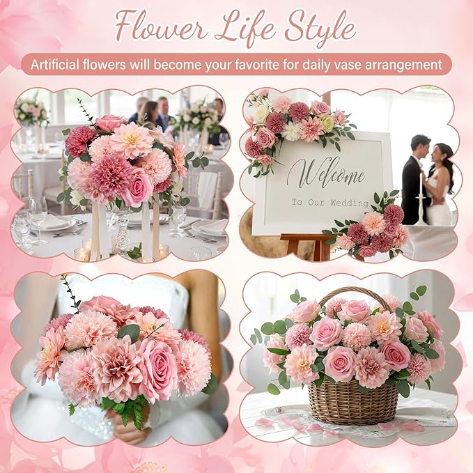 98 Pcs Assorted Faux Flowers Heads with Stem Eucalyptus Leaves Silk Artificial Flowers Bouquet Floral Table Centerpieces for DIY Wedding Party Wreath Home Decoration(Pink,Delicate Style)