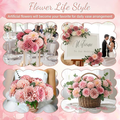 98 Pcs Assorted Faux Flowers Heads with Stem Eucalyptus Leaves Silk Artificial Flowers Bouquet Floral Table Centerpieces for DIY Wedding Party Wreath Home Decoration(Pink,Delicate Style)