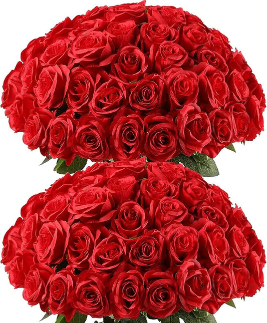 Kisflower 80 Pcs Red Roses Artificial Flowers Bulk, Silk Roses with Stems Real Look Artificial Red Roses for Decoration DIY Wedding Bouquet Bridal Shower Party Home Table Centerpieces Decor (Red)