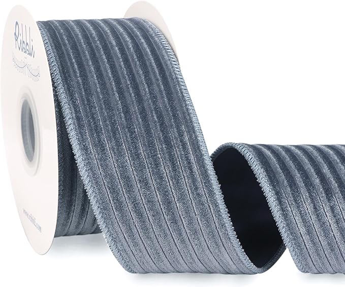 Ribbli Glossy Dusty Blue Velvet Wired Ribbon 2.5 Inch Striped Velvet Christmas Ribbon for Gift Wrapping Christmas Tree Decoration Crafts Wreaths Supplies-Continuous 10 Yards