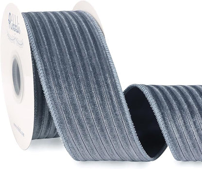 Ribbli Glossy Dusty Blue Velvet Wired Ribbon 2.5 Inch Striped Velvet Christmas Ribbon for Gift Wrapping Christmas Tree Decoration Crafts Wreaths Supplies-Continuous 10 Yards