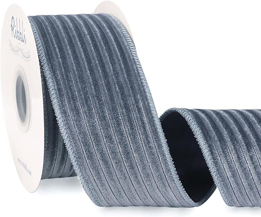 Ribbli Glossy Dusty Blue Velvet Wired Ribbon 2.5 Inch Striped Velvet Christmas Ribbon for Gift Wrapping Christmas Tree Decoration Crafts Wreaths Supplies-Continuous 10 Yards