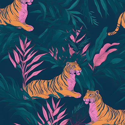 Tropical Contact Paper Tiger Wallpaper Peel and Stick Vintage Animal Wall Paper for Bedroom Bathroom Drawer Counter Cabinet Renter Friendly 17.5 x 78.5In