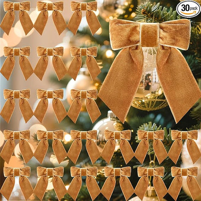 30 Pcs Velvet Ribbon Bows 5" x 4" Pre Tied Christmas Velvet Bows with Twist Tie for Gift Packaging Christmas Tree Wreaths Door Windows Wedding Party Decoration (Golden Brown)