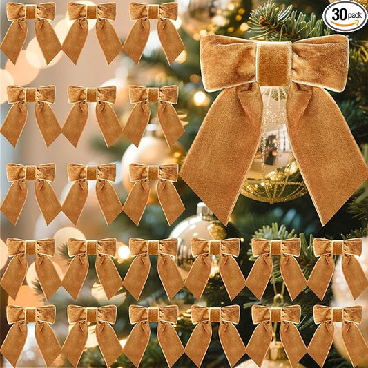 30 Pcs Velvet Ribbon Bows 5" x 4" Pre Tied Christmas Velvet Bows with Twist Tie for Gift Packaging Christmas Tree Wreaths Door Windows Wedding Party Decoration (Golden Brown)