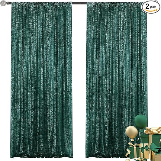 Dark Green Sequin Backdrop Curtain 2 Pieces 2FTx8FT Glitter Photography Backdrop for Party Wedding Birthday Christmas Decorations