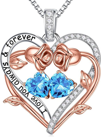 Iefil Rose Heart Double Birthstone Necklace Gifts for Wife Her Mom Women, Birthstone Jewelry Gemstone Birthday Gifts for Girlfriend Grandma Her Wife Women